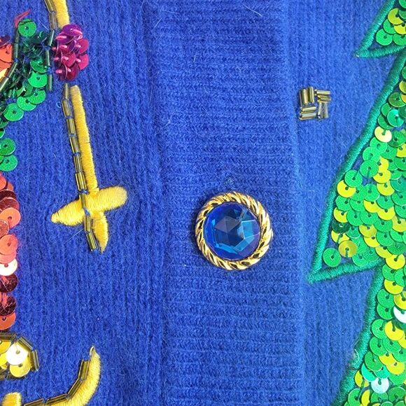 VTG Marisa Christina Classics Lambswool Angora Christmas Sequin Cardigan Blue S - Picture 7 of 16